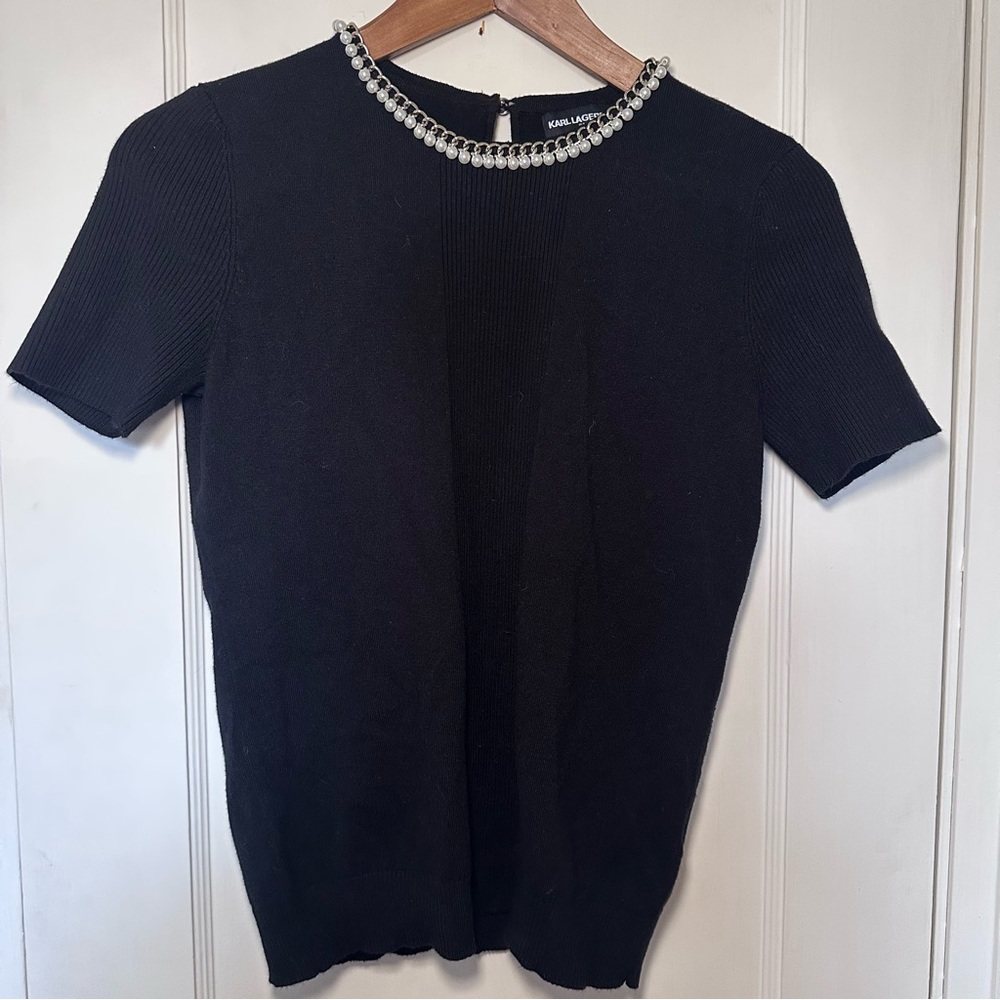 Karl Lagerfeld Knit Sweater, Chain & Pearl Neckline, Elevated Basics, Heritage